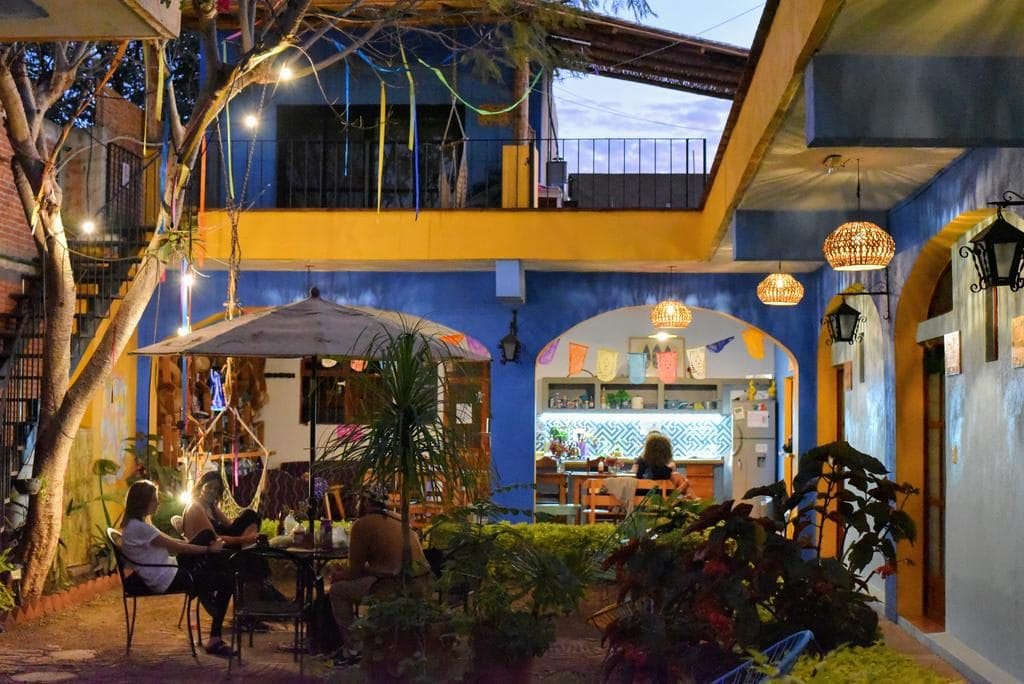 interior courtyard of a hostel in Oaxaca
