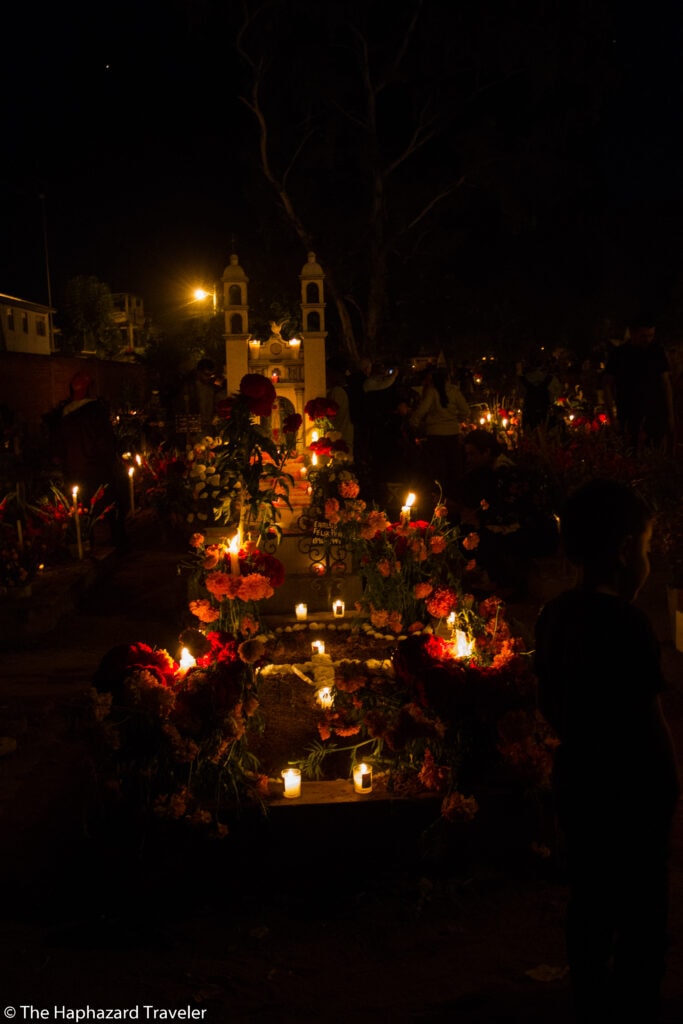 a grave decorated at Xoxocotlan cemetery Dia de los Muertos