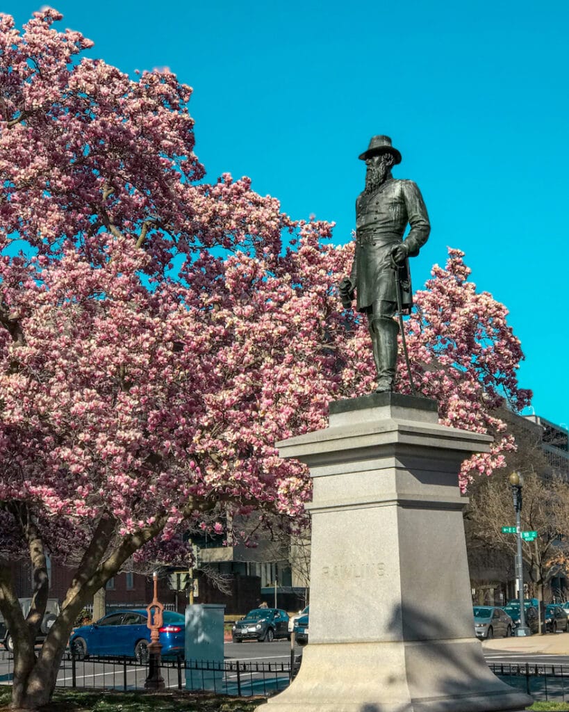 Rawlins Park Statue - General John A. Rawlins surrounded by saucer magnolia blooms