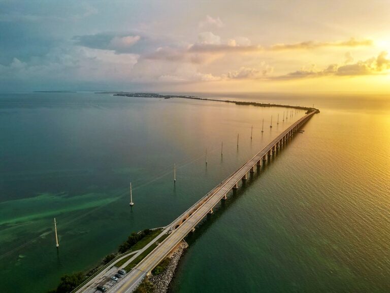 aerial photo of the Overseas Highway at sunrise