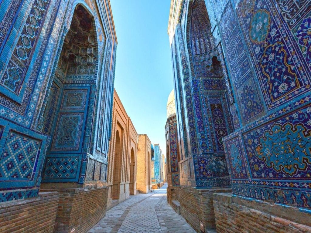 photo of blue tiled tombs at Gur-e Amir in Samarkand