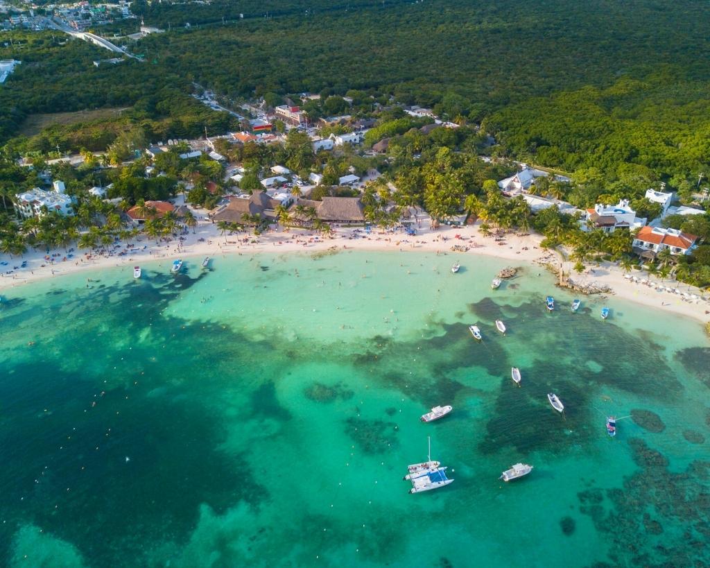 aerial view of the half moon bay at Akumal