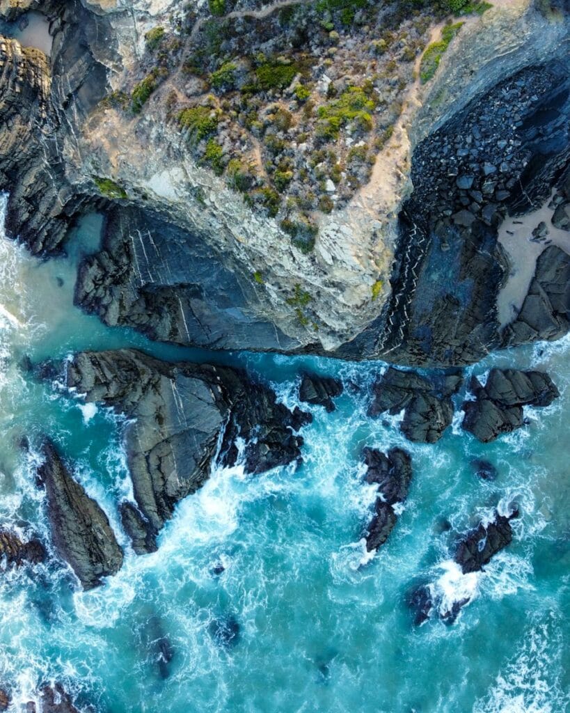 aerial view of a rocky outcropping at Praia Odeceixe Algarve