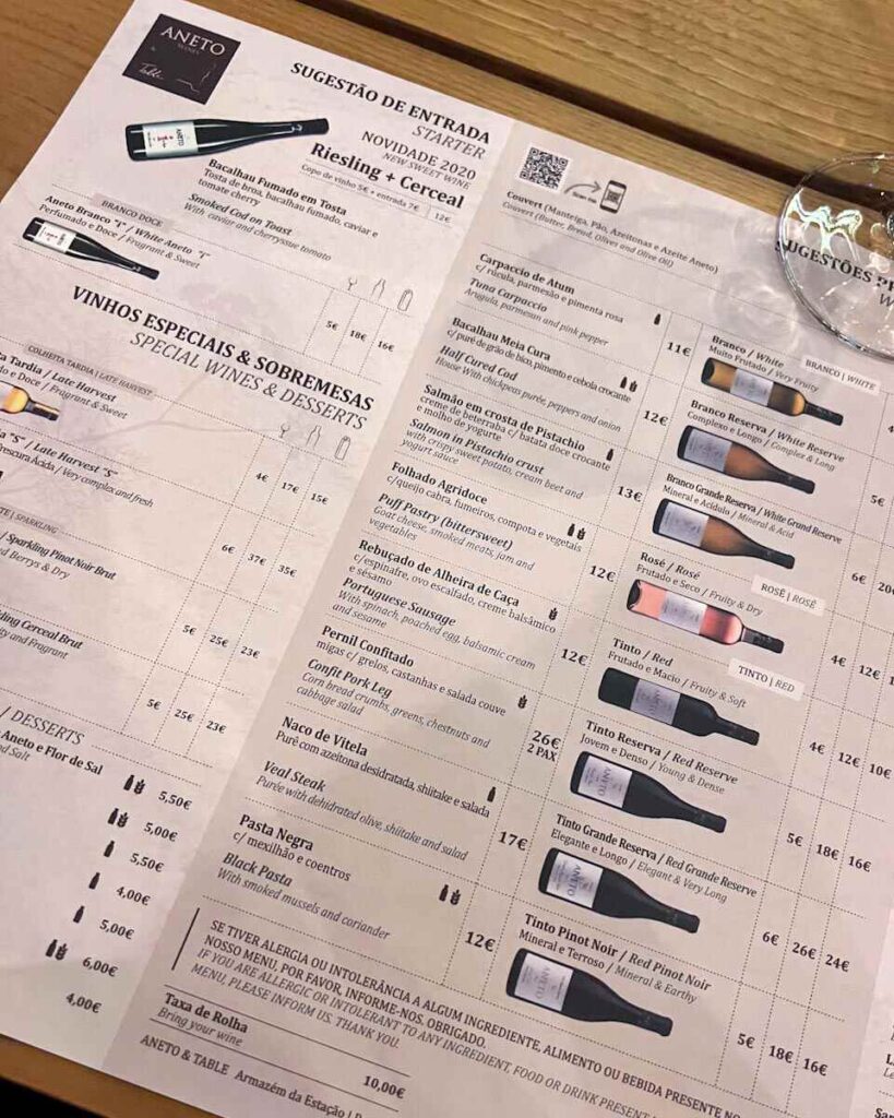 Aneto and Table menu and pairings
