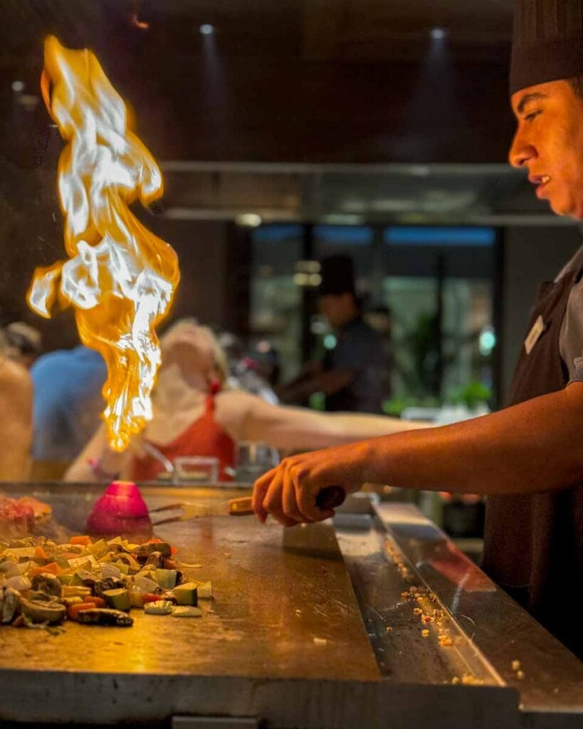 chef and flaming teppanyaki table at Ono