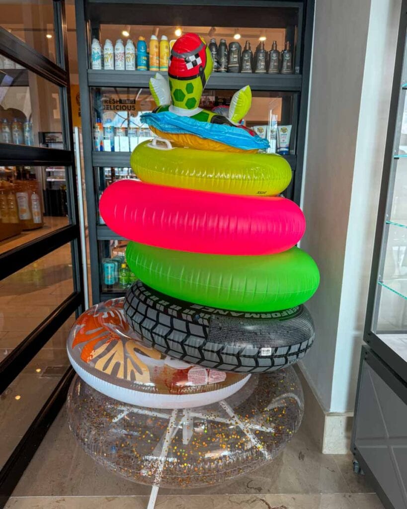 selection of inflatable pool rings at gift shop