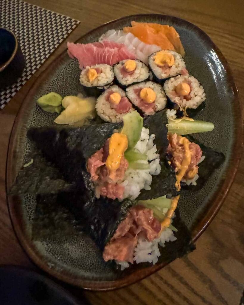large platter of different types of sushi at Ono
