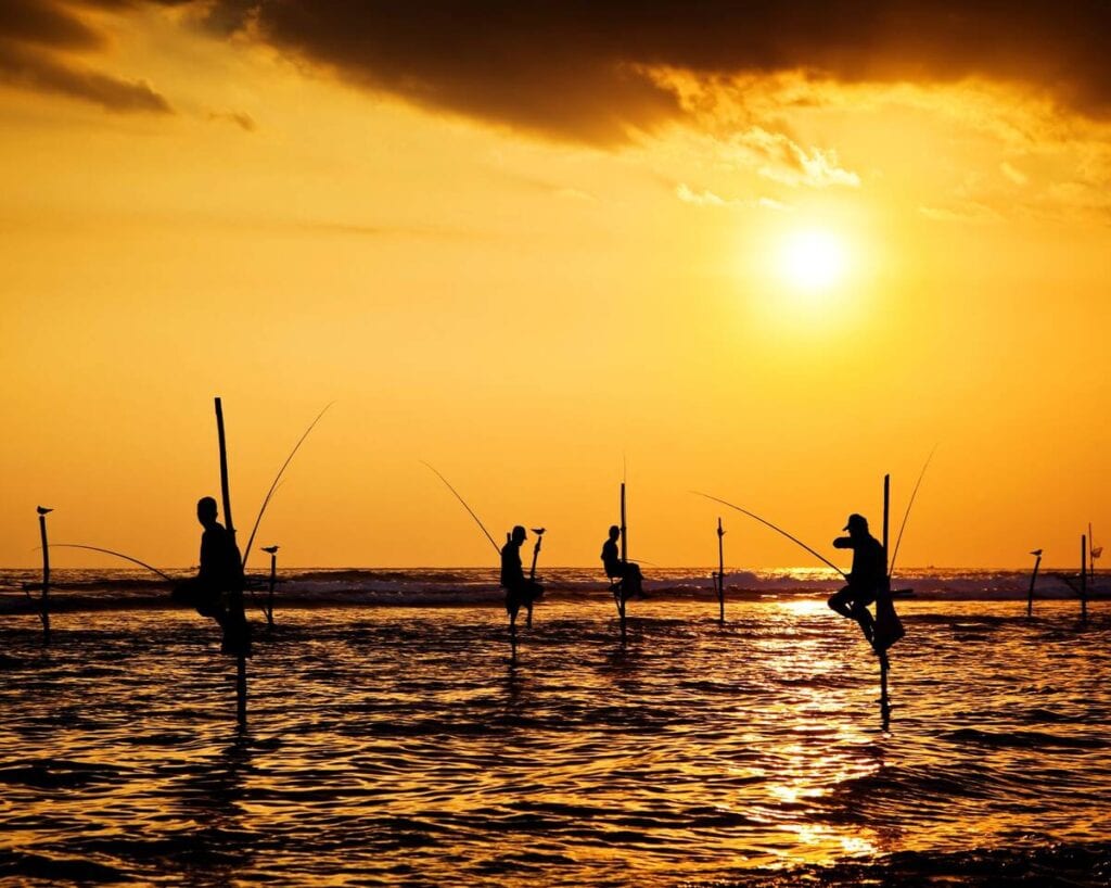 Stilt fishermen at sunset in Galle Sri Lanka