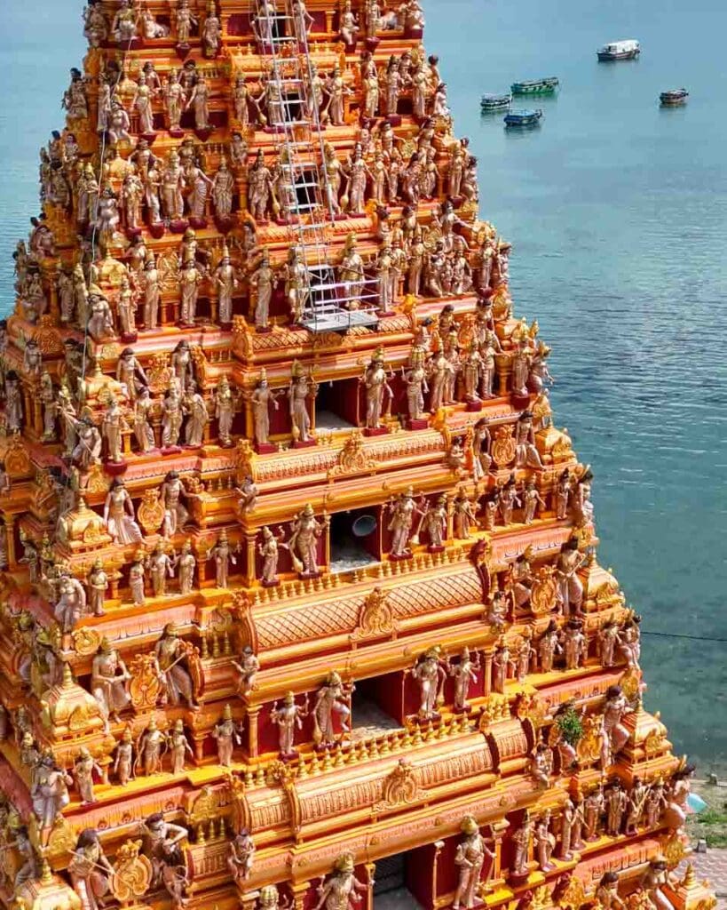 close-up of the gopuram at Nagaposhani Amman Kovil