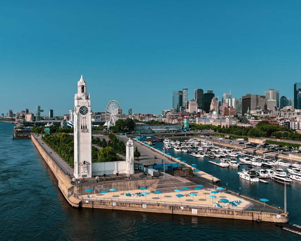 aerial view of Montreal clock tower and port