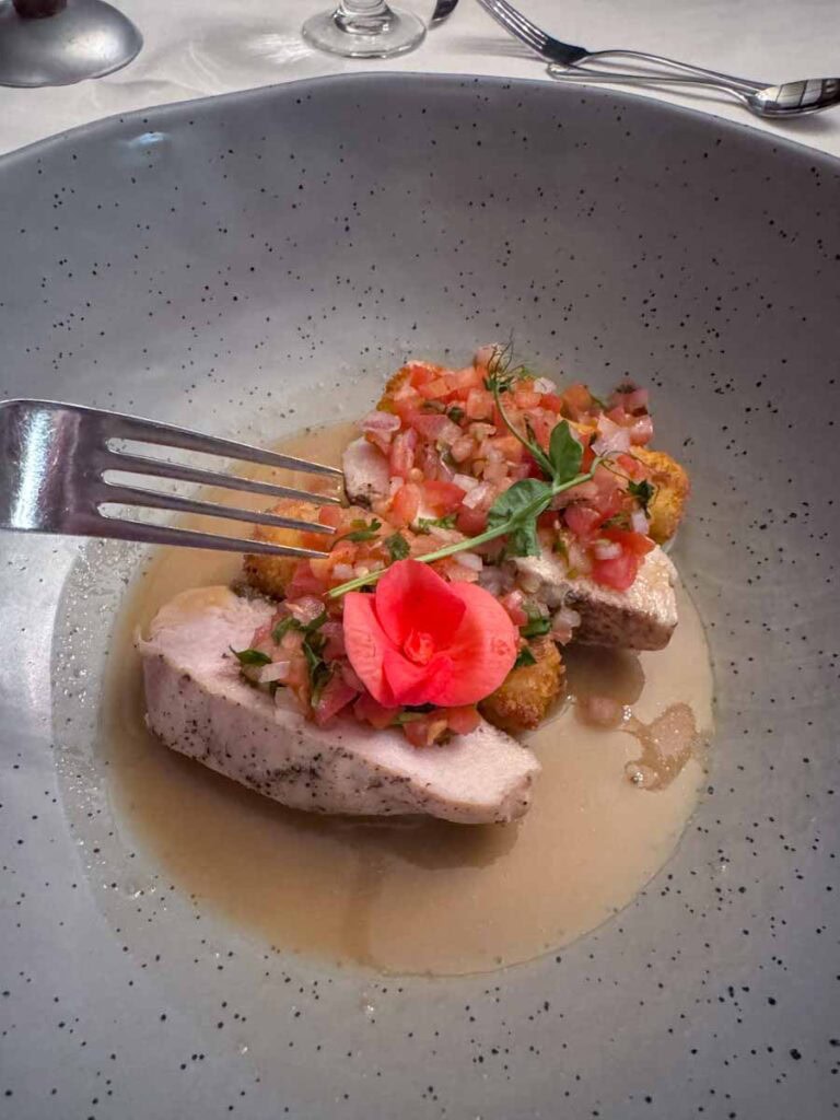 fine dining at Le Baluchon - local Saint Paulin chicken with polenta