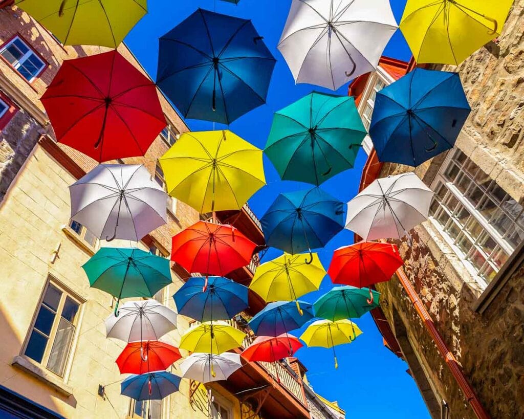 Colorful umbrellas in old Quebec