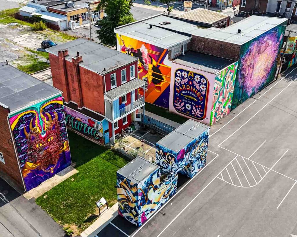 Aerial view of Royal Square Mural Park in York PA