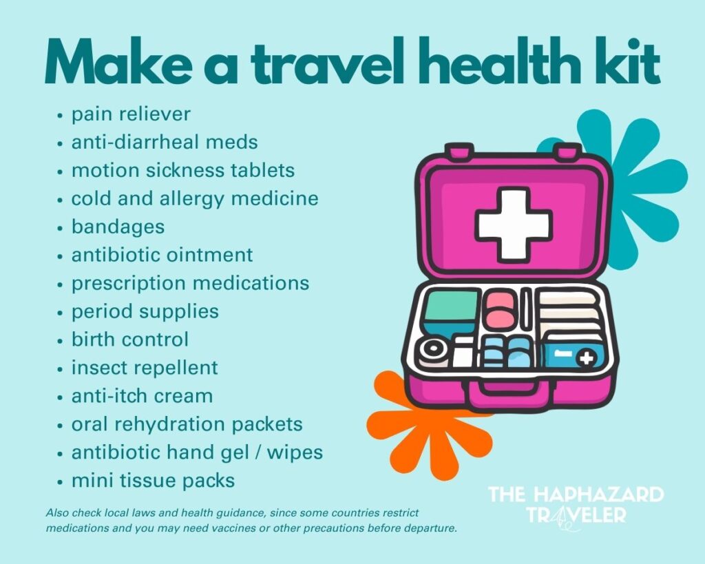 Checklist graphic showing what to pack in a travel health kit, including pain reliever, stomach meds, motion sickness tablets, cold and allergy medicine, bandages, antibiotic ointment, prescriptions, period supplies, birth control, hand gel or wipes, and tissues