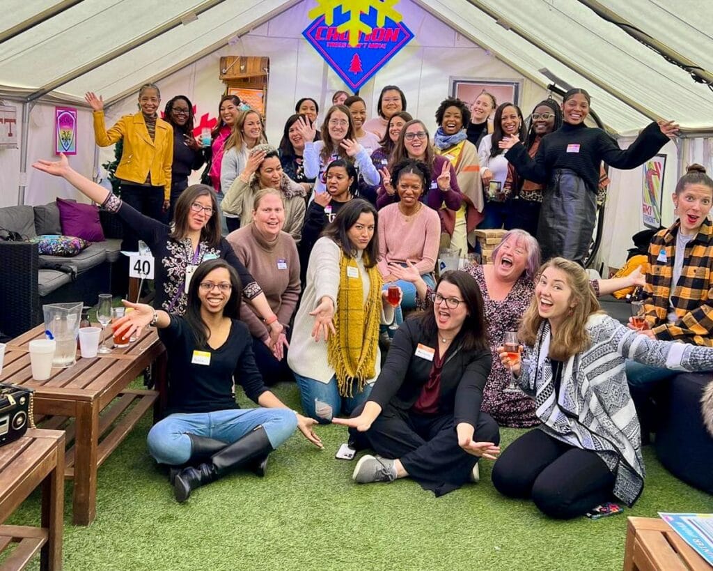 group of women friends celebrating galentine's day